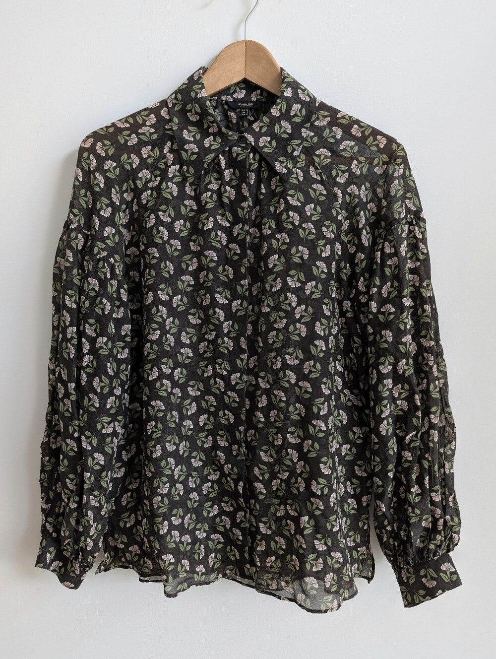 Massimo Dutti Mulberry Silk Cotton Sheer Brown Blouse Pink Green Floral Size 2